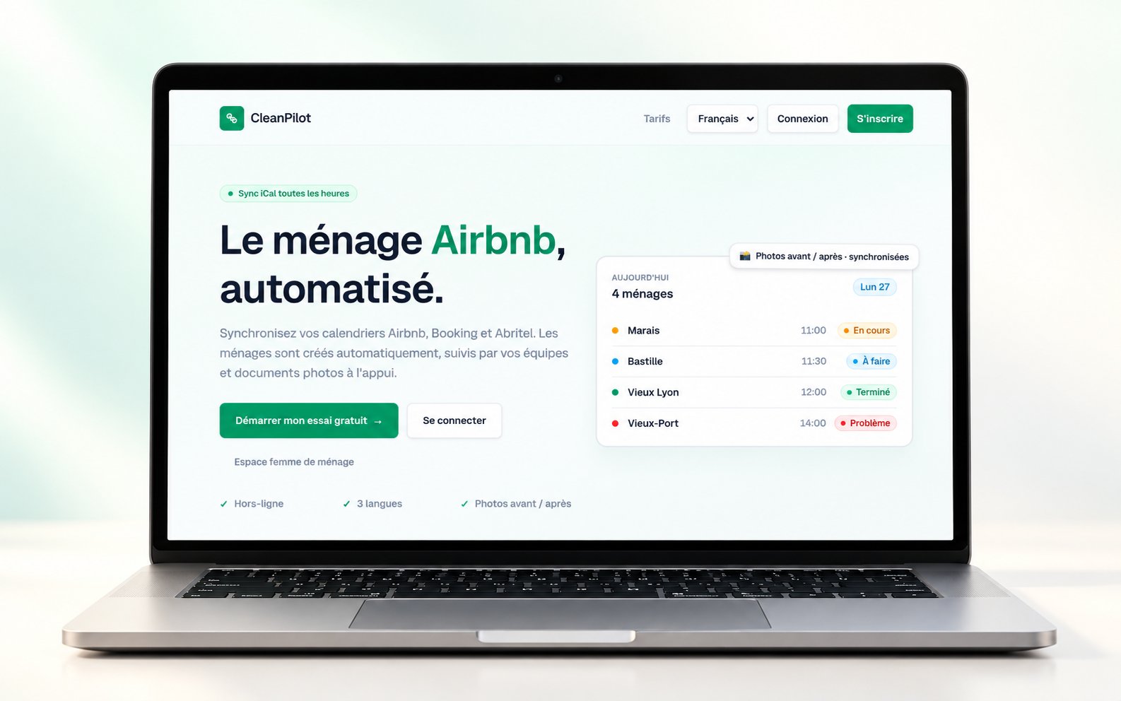 Page d’accueil de CleanPilot présentée sur un ordinateur portable argenté