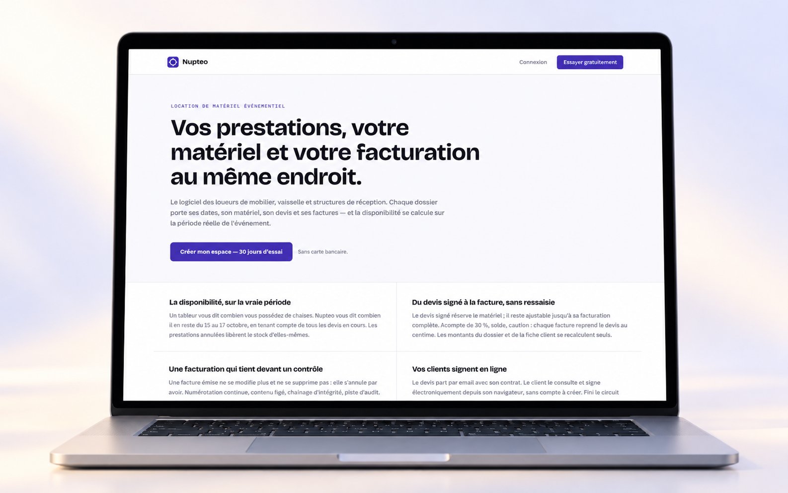 Page d’accueil de Nupteo présentée sur un ordinateur portable argenté